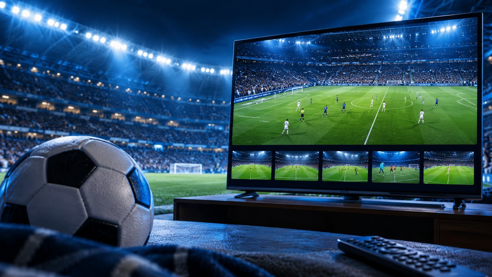 Bola de futebol diante de uma televisão exibindo várias partidas em um estádio iluminado
