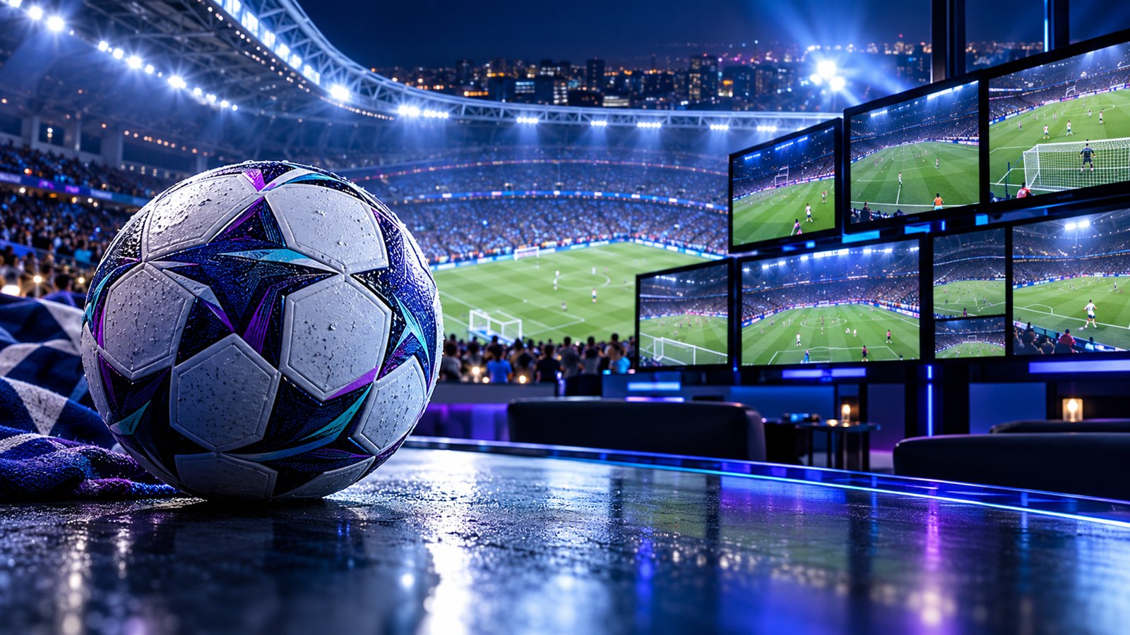 Bola de futebol diante de várias telas com partidas em um estádio iluminado